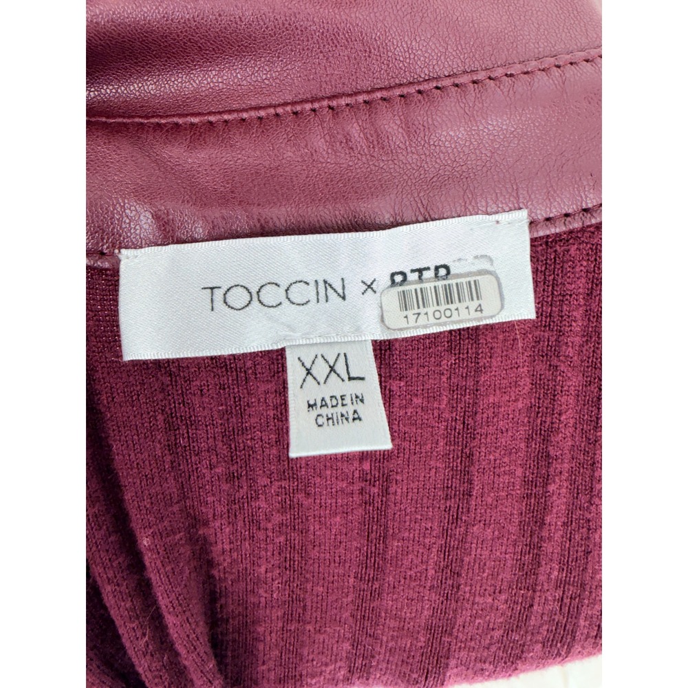 TOCIN x QTD Ribbed Button Front Midi Dress Burgundy Faux Leather Collar Size XXL - Picture 6 of 8